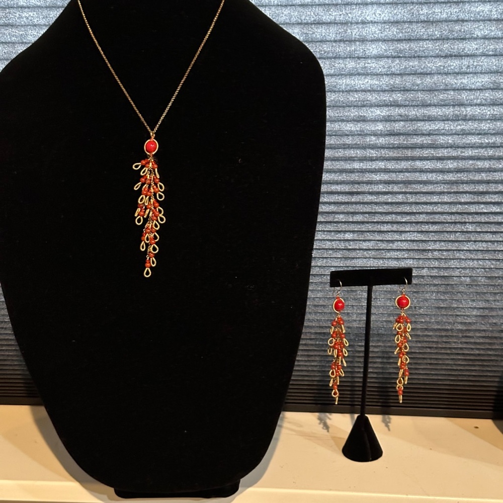 Miguel Ases Red Coral Color Pendant and Matching Earrings - Set